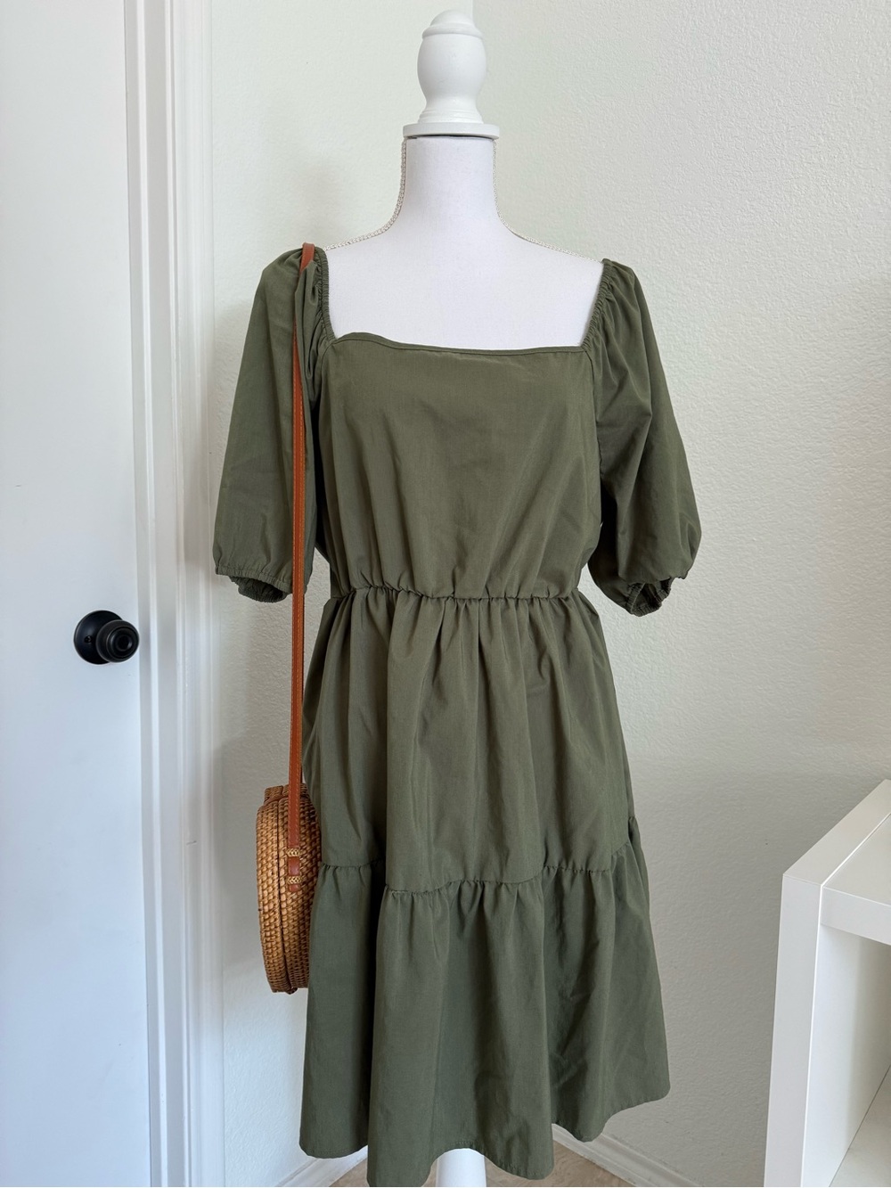 Square Neck Puff Sleeve Midi Dress in Olive Green Indigo Rose